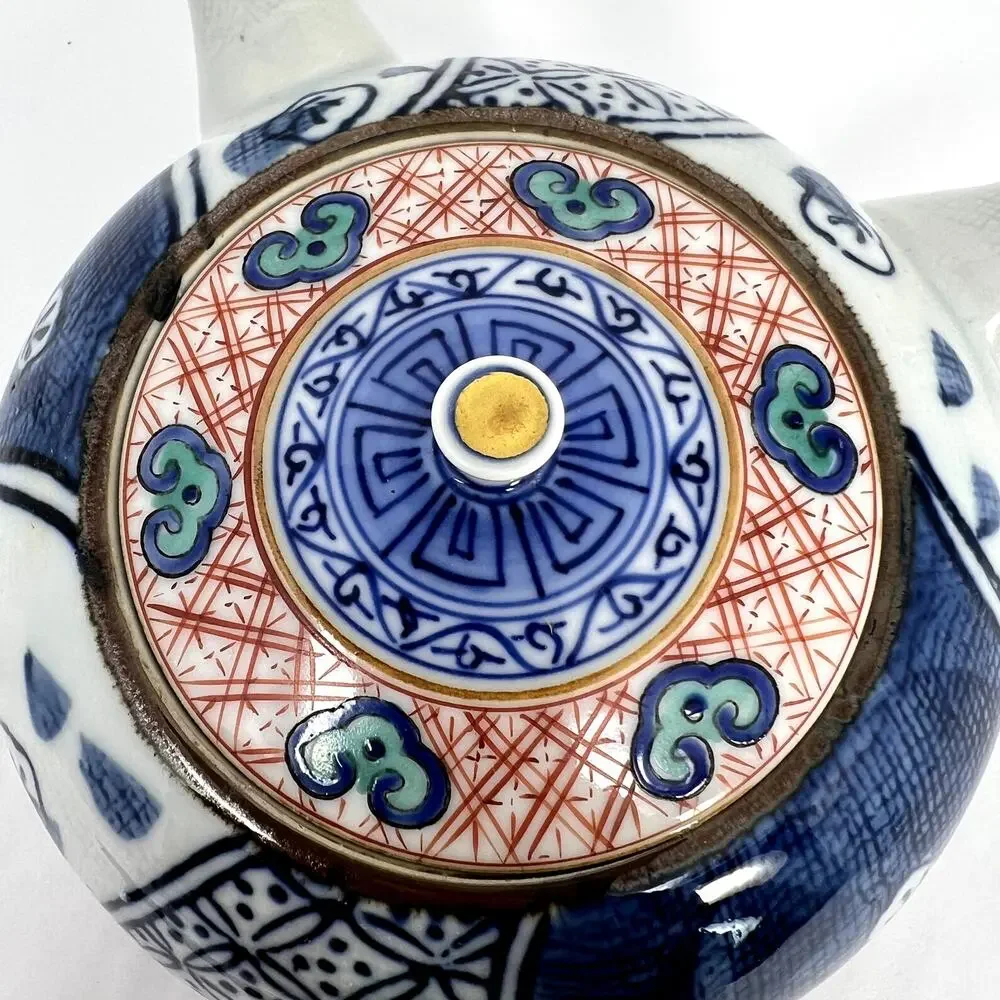 Japanese Blue White Kyusu Single Handle Teapot Geometric Art Asian Elegant Rare